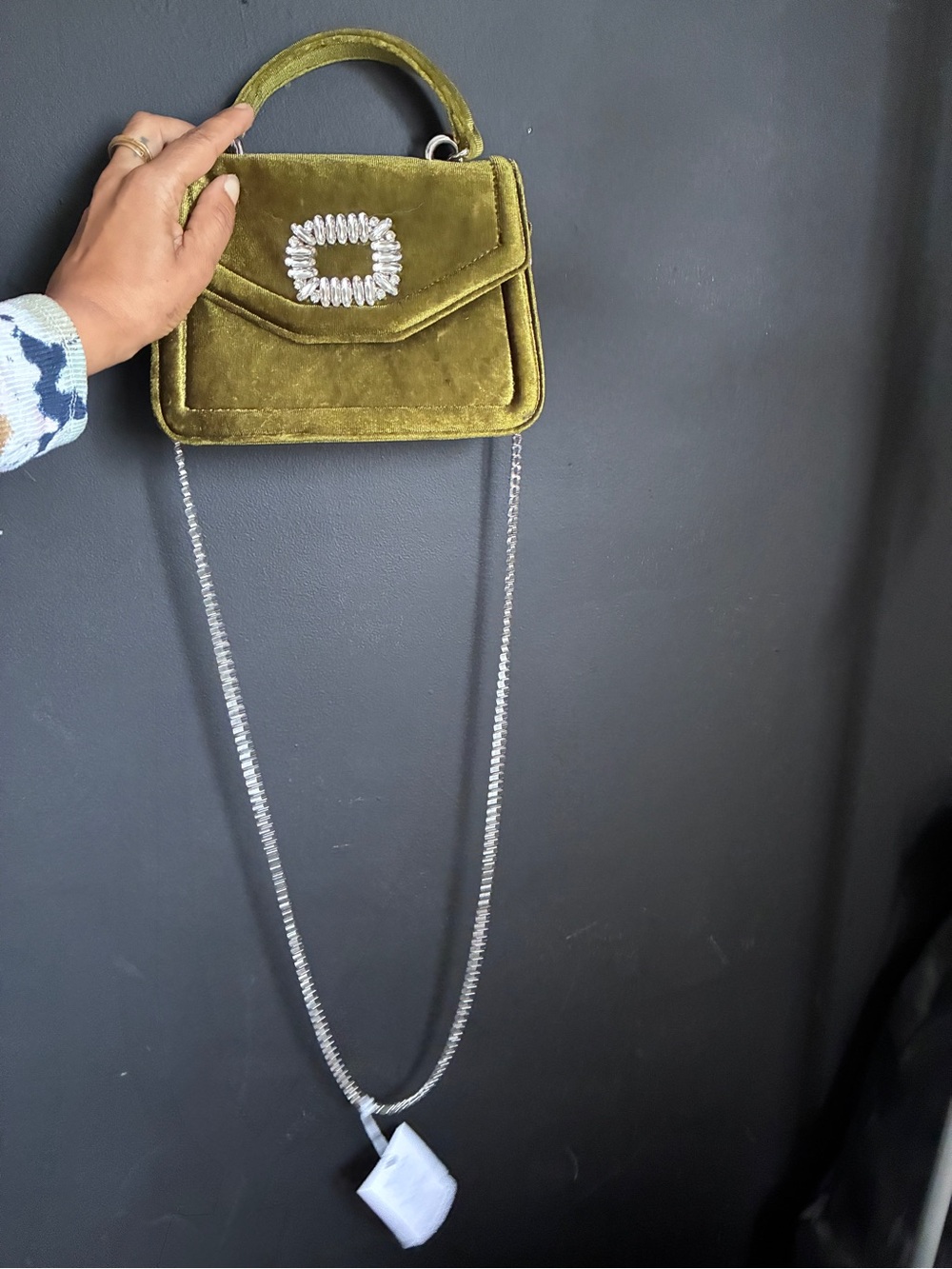 AKIRA Olive Green Velvet Shoulder Bag with Crystal Buckle - Picture 4 of 5